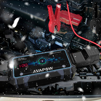 AVAPOW A9 Plus 12 V paleidimo įrenginys ir išorinė baterija, 12 000 mAh, 2000 A, 44 Wh, IP65, LED žibintuvėlis