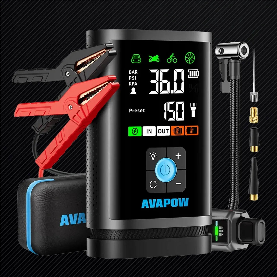 AVAPOW JP3 12V 3000A 59,2Wh 16000mAh automobilinis užvedimo įrenginys su kompresoriumi