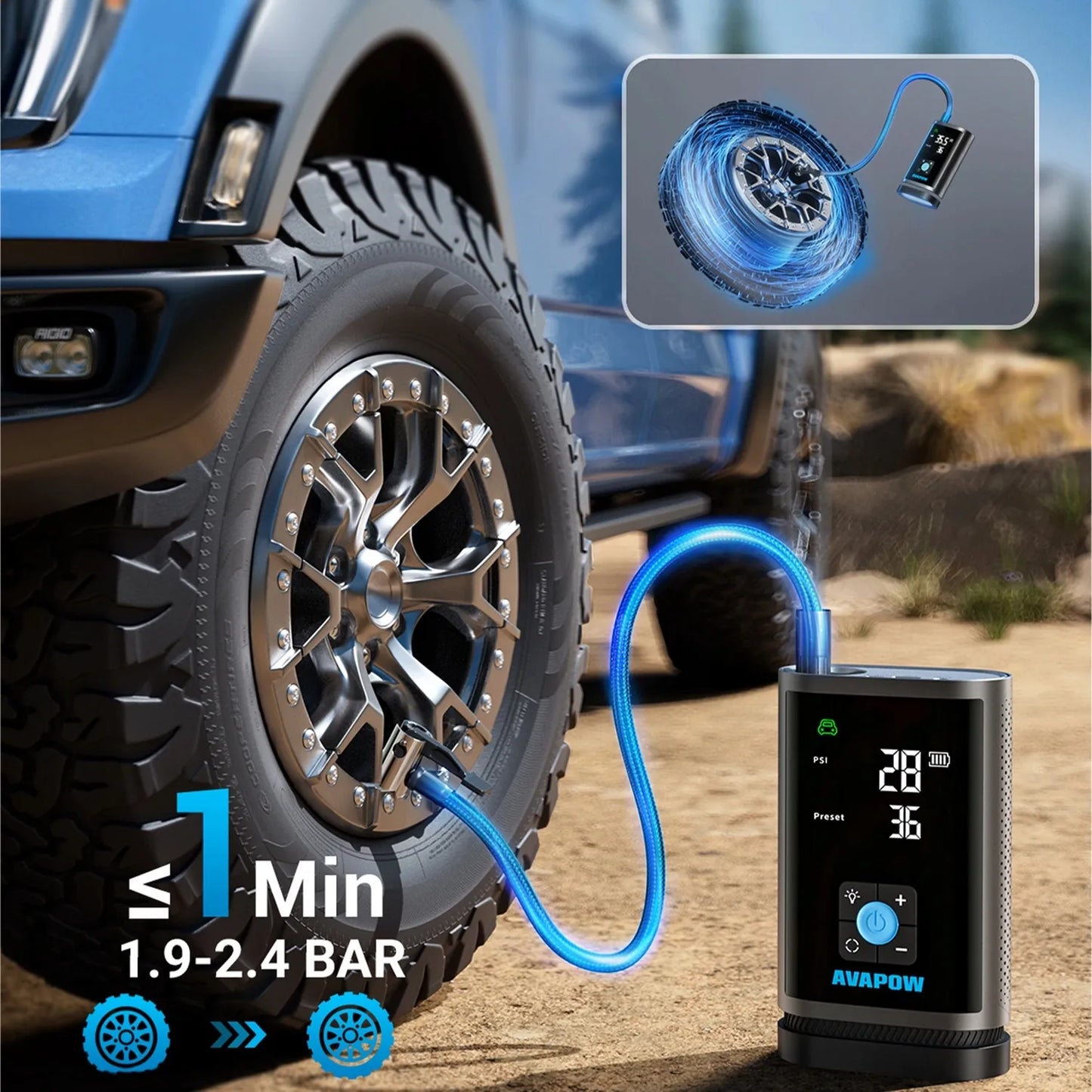 AVAPOW JP3 12V 3000A 59,2Wh 16000mAh automobilinis užvedimo įrenginys su kompresoriumi