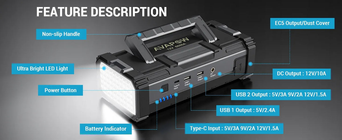 AVAPOW T8 MAX profesionalus 6000 A paleidimo įrenginys