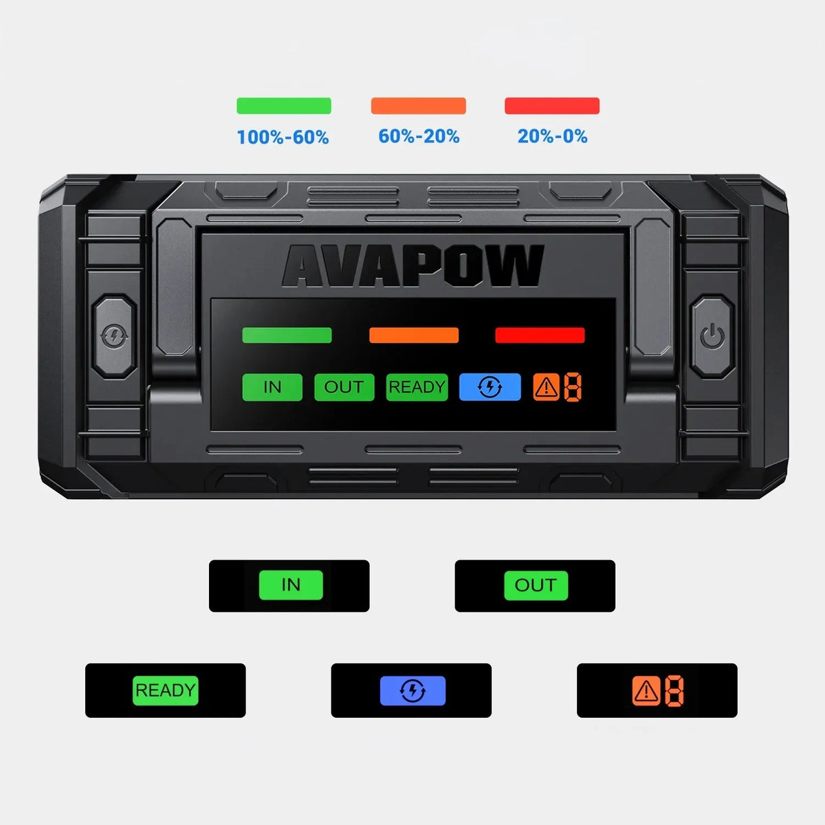 AVAPOW TJ58 12 V paleidimo įrenginys, 8000 A, 74 Wh, išorinė baterija 30 W, LED žibintuvėlis