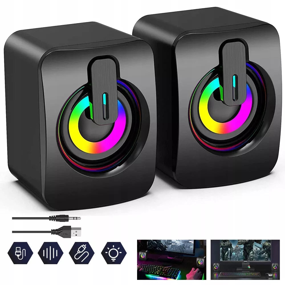 USB 2.0 KOMPIUTERINĖS GARSIAKALBĖS PC NEŠIOJAMAM KOMPIUTERIUI TELEVIZORIUI RGB LED AUX 2x