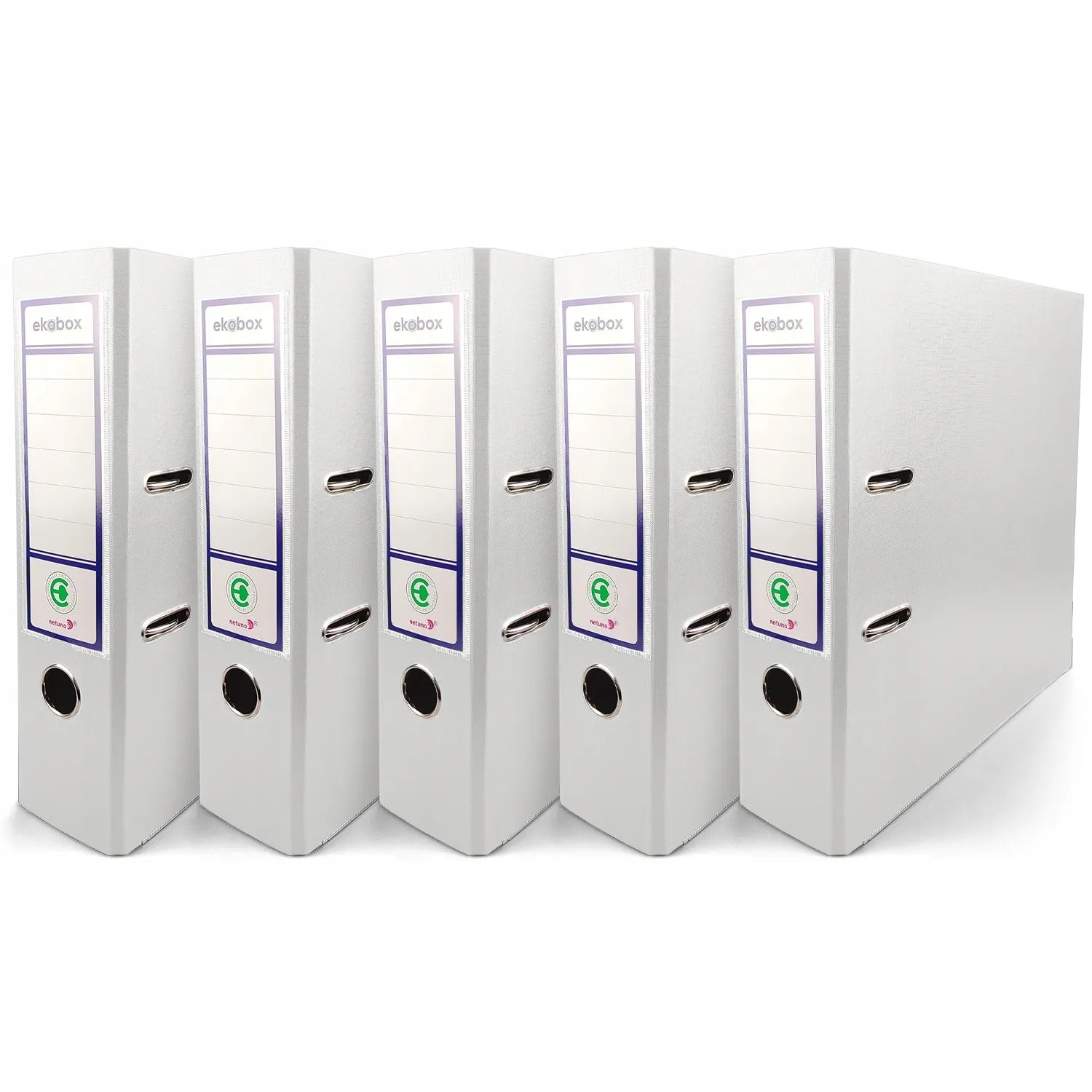 Baltas A4 segtuvas Ekobox 80mm, 5 vnt., platus biuro dokumentų segtuvas su svirtele