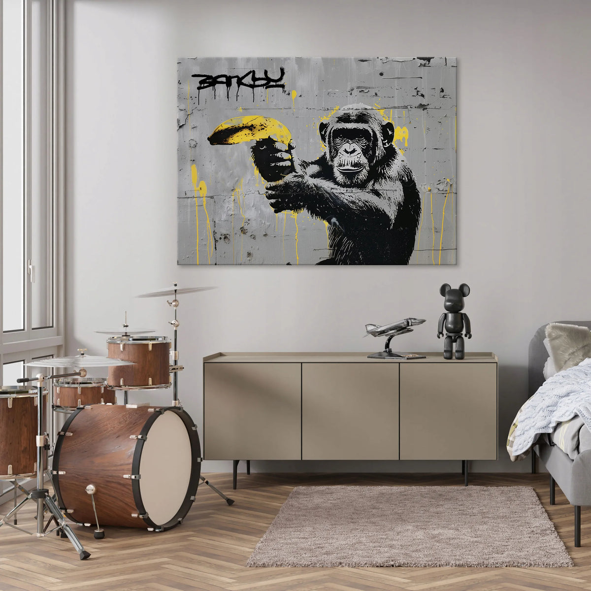 Banksy beždžionės street art graffiti paveikslas ant drobės su rėmu, 100 × 70 cm