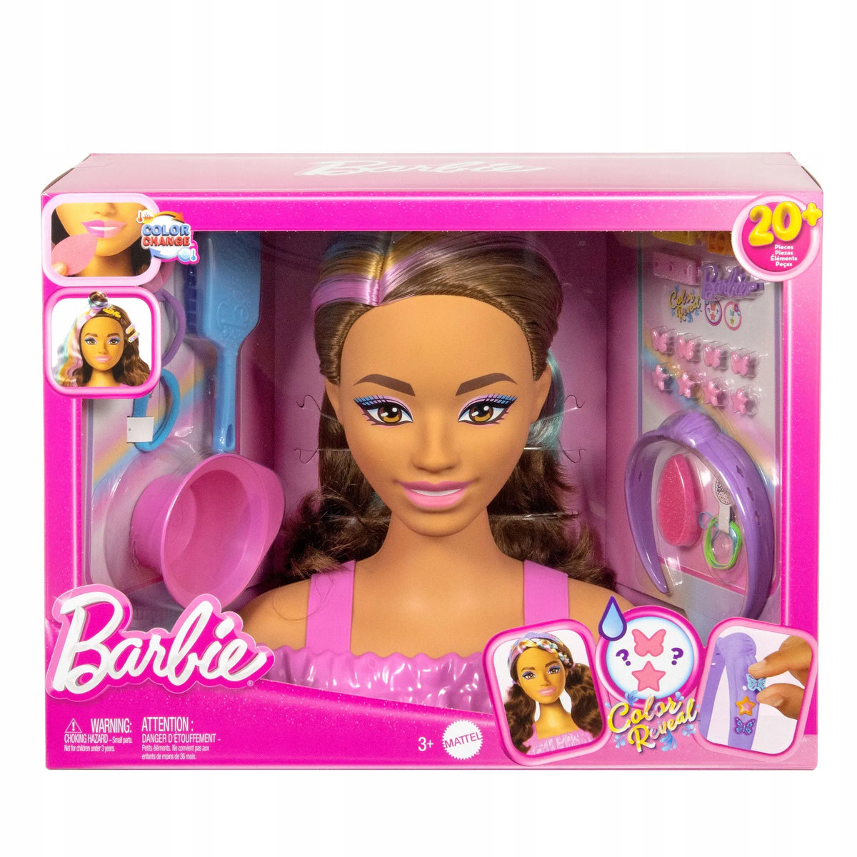 „Barbie“ šukuosenų kūrimo galva rudais plaukais, „Color Reveal“