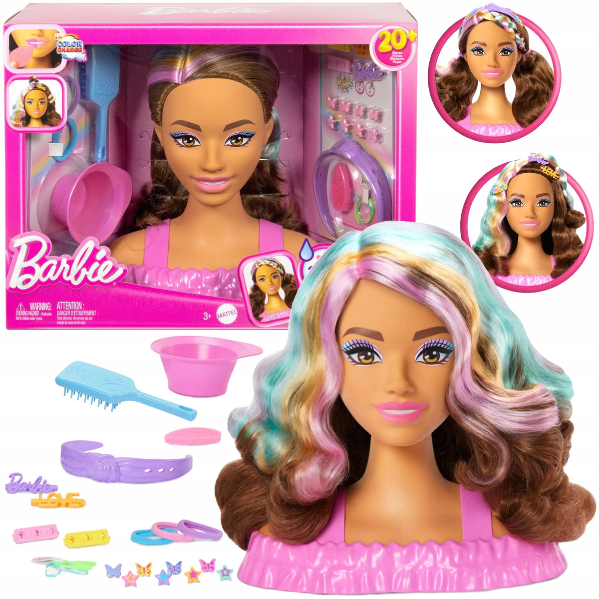 „Barbie“ šukuosenų kūrimo galva rudais plaukais, „Color Reveal“