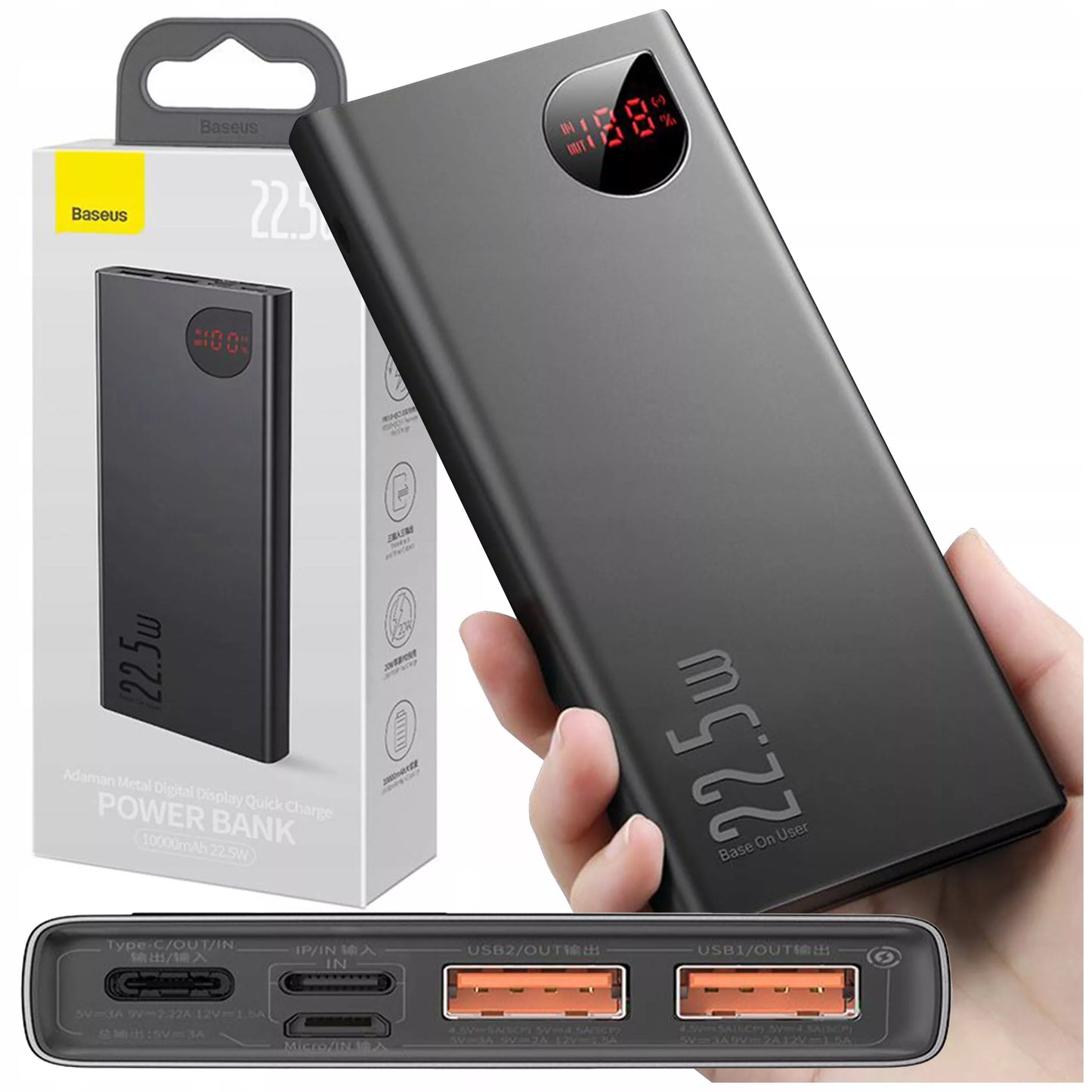 Baseus 10000mAh 22.5W nešiojamas įkroviklis (powerbank) – greitas įkrovimas, USB, USB-C, Lightning, Micro