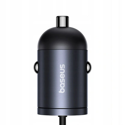 BASEUS automobilinis įkroviklis 30W su integruotu spirale suvyniotu kabeliu