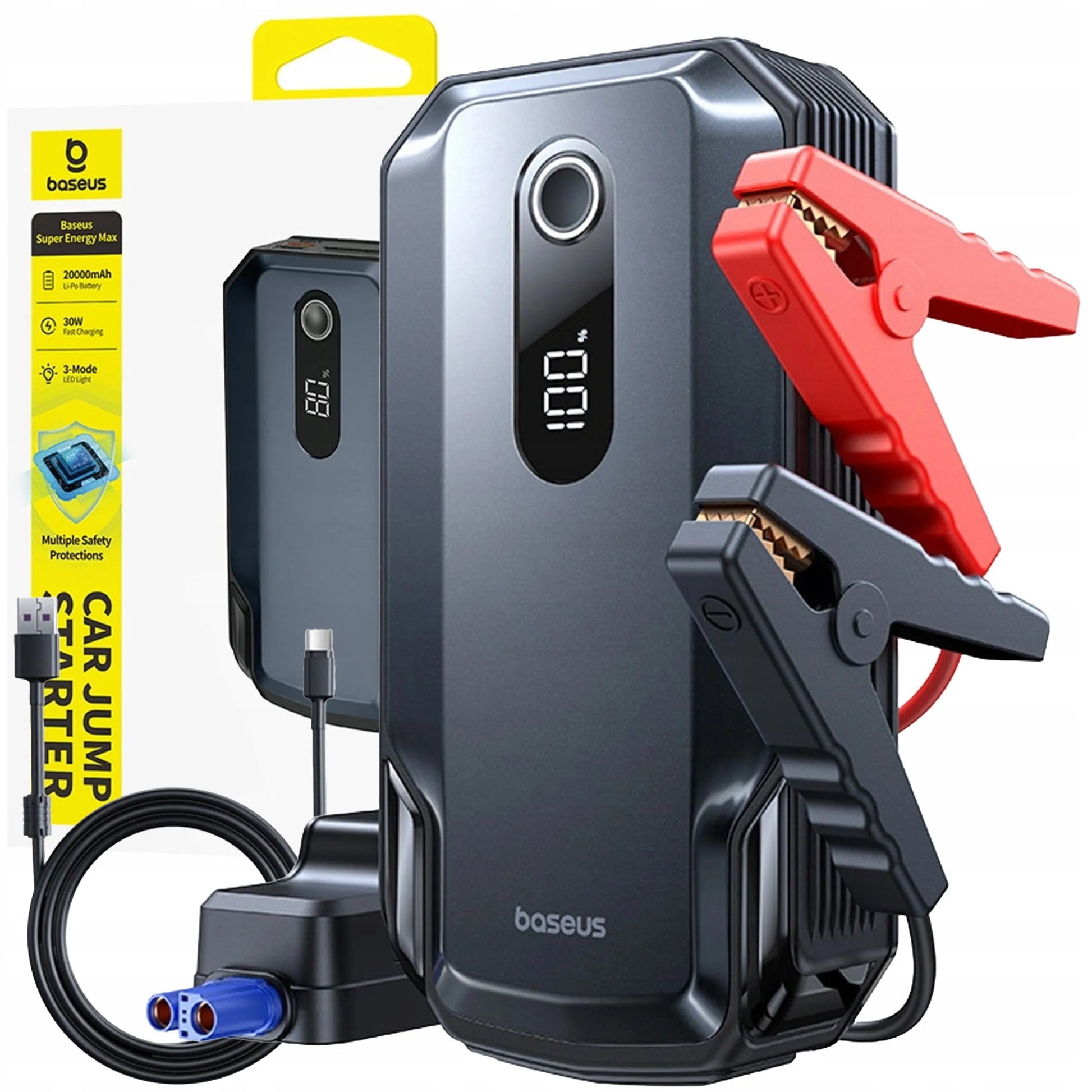 BASEUS automobilinis paleidiklis, 20000 mAh 12V 8000A, gnybtai, žibintuvėlis