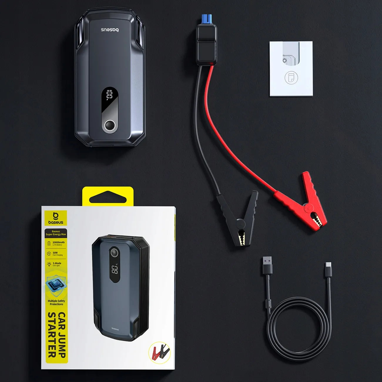 BASEUS automobilinis paleidiklis, 20000 mAh 12V 8000A, gnybtai, žibintuvėlis