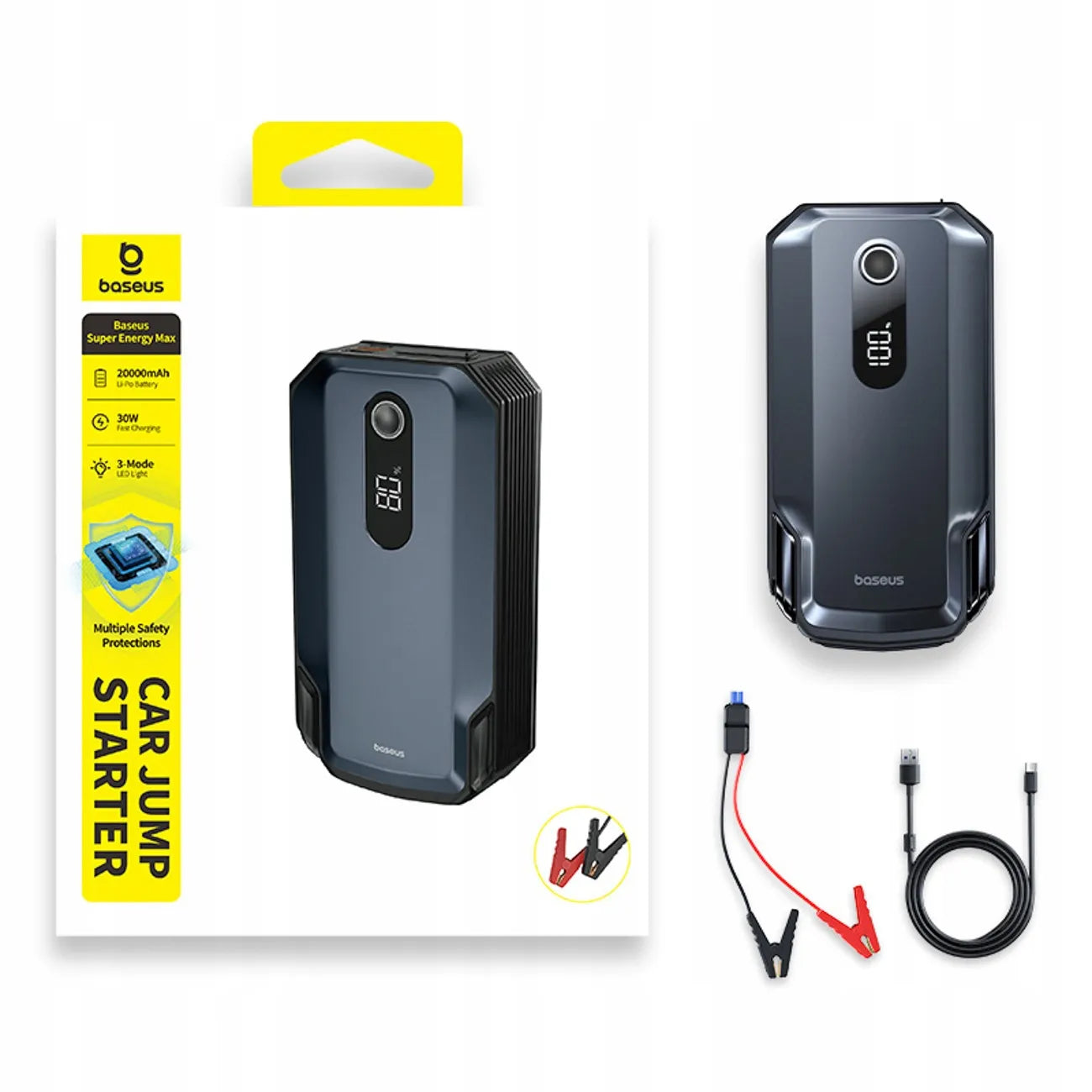 BASEUS automobilinis paleidiklis, 20000 mAh 12V 8000A, gnybtai, žibintuvėlis