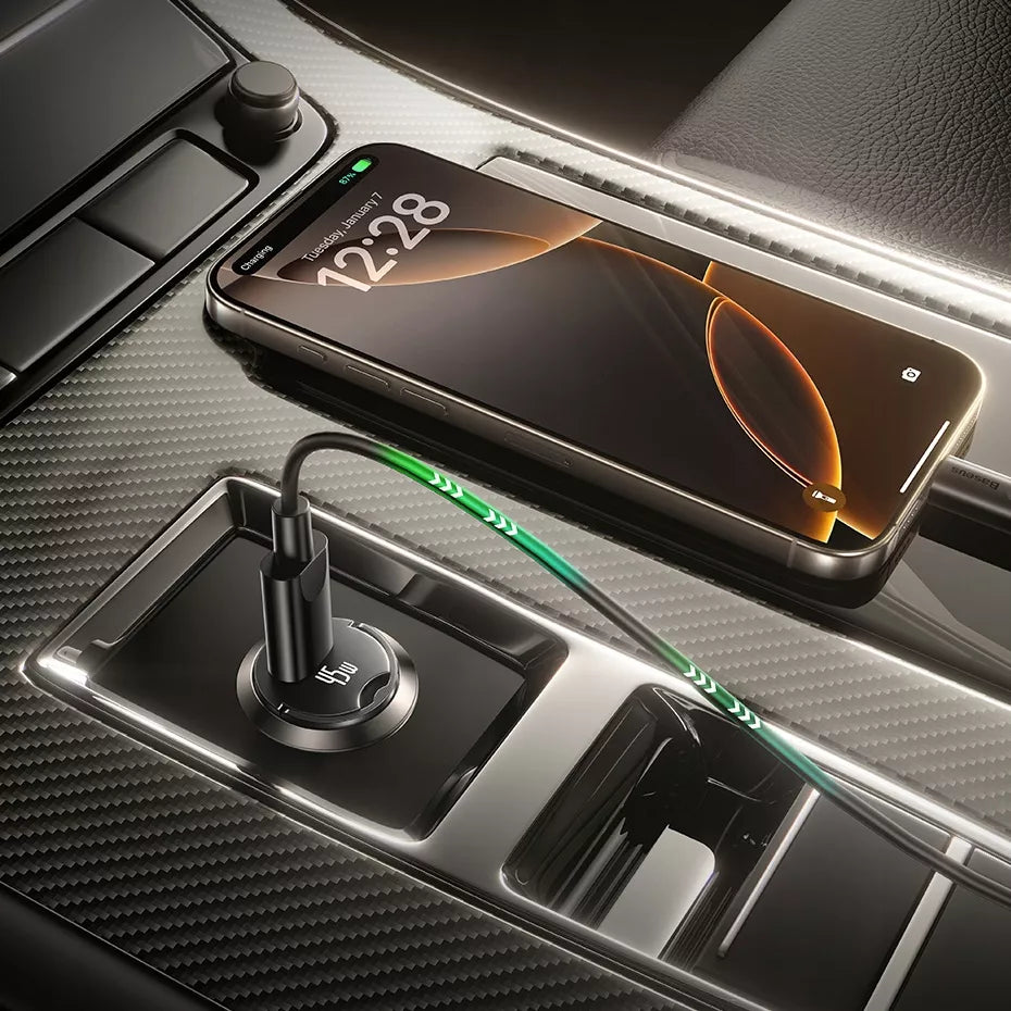 BASEUS automobilinis USB-C įkroviklis 45W PD QC greitasis įkrovimas telefonui