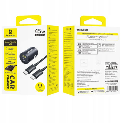 BASEUS automobilinis USB-C įkroviklis 45W PD QC greitasis įkrovimas telefonui