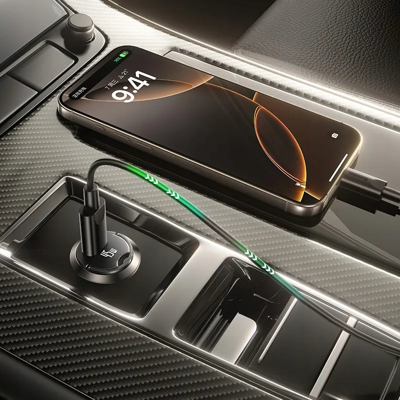 BASEUS automobilinis USB-C įkroviklis 45W PD QC greitasis įkrovimas telefonui