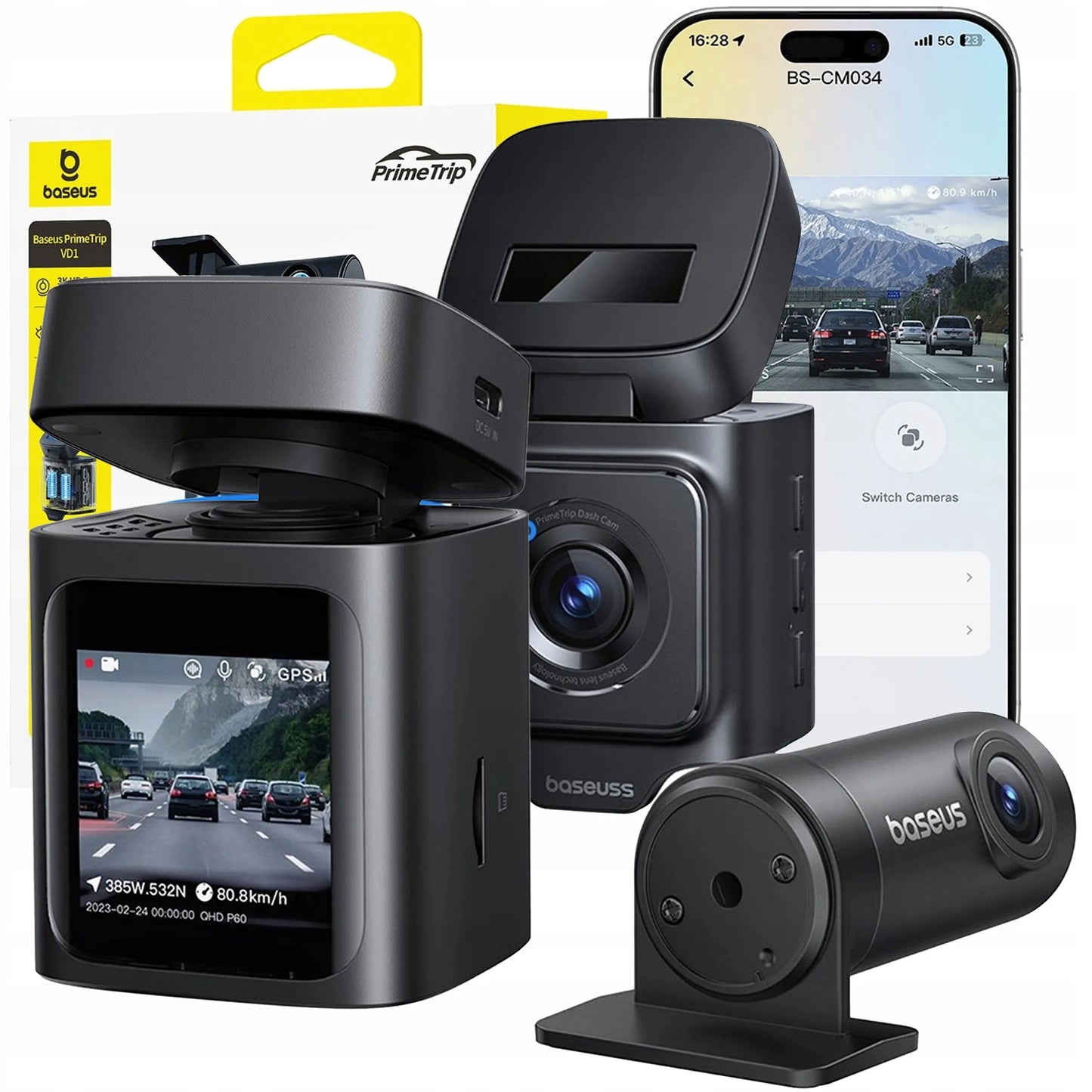 BASEUS automobilinis vaizdo registratorius, priekinė ir galinė kamera 3K 1080p, GPS, programėlė