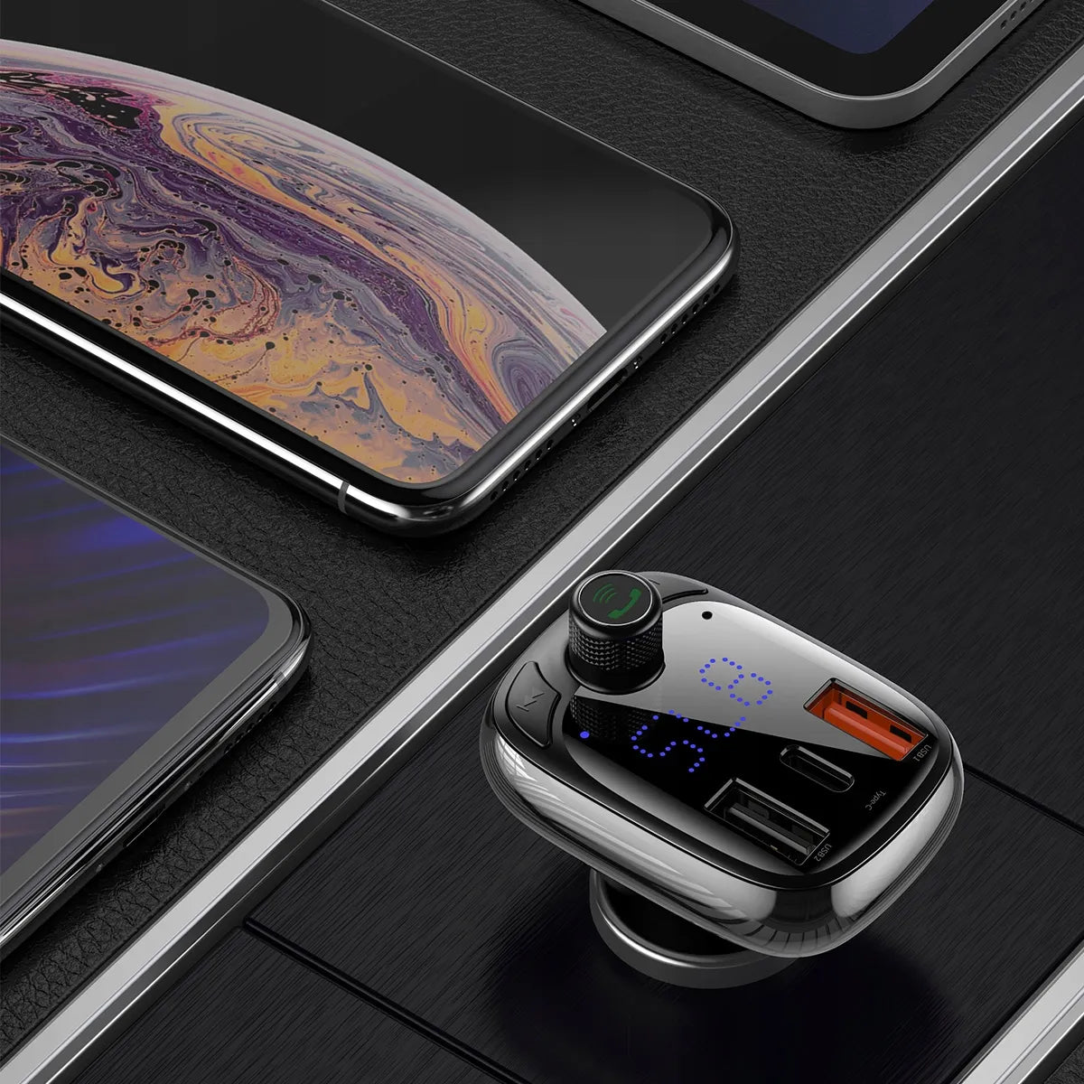 BASEUS FM siųstuvas Bluetooth automobiliui USB įkroviklis QC PD laisvų rankų įranga