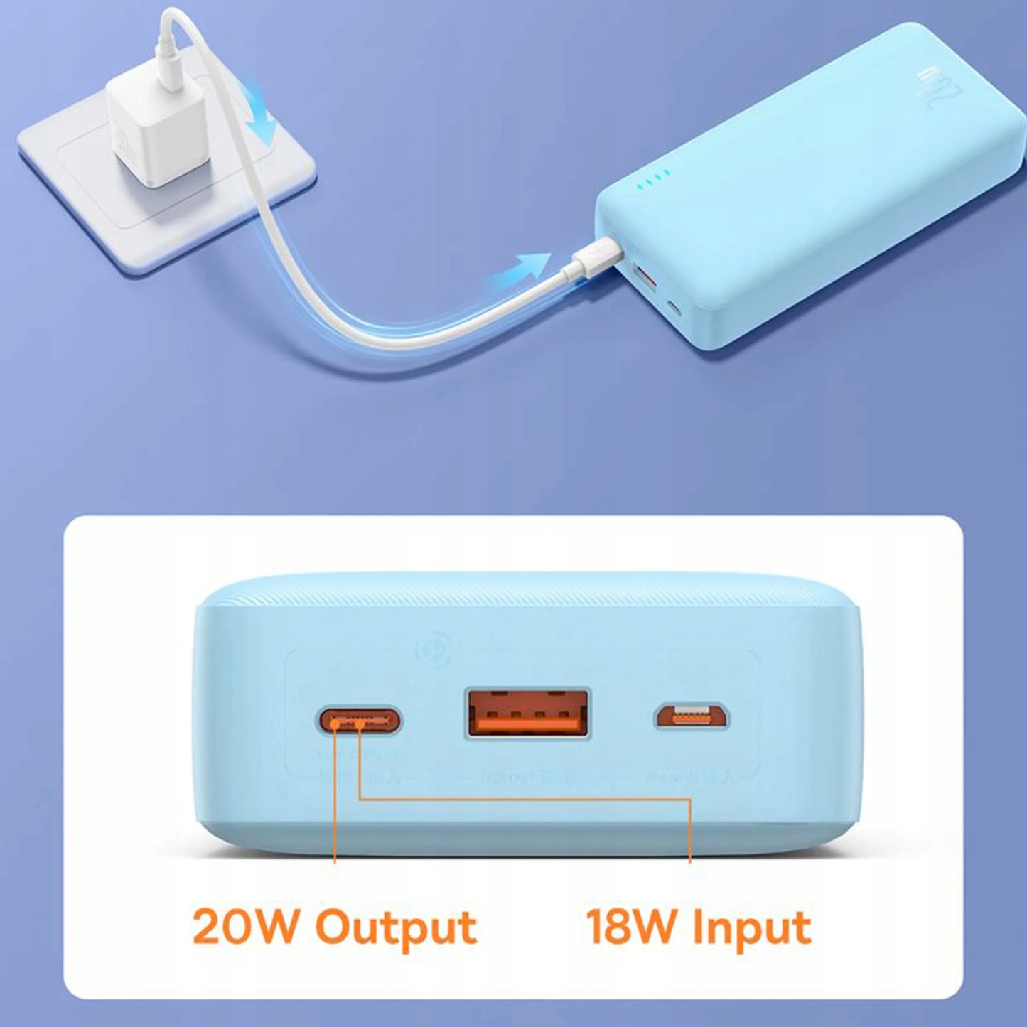 BASEUS Galingas išorinis akumuliatorius 20000 mAh 20W USB USB-C kelioninis + laidas