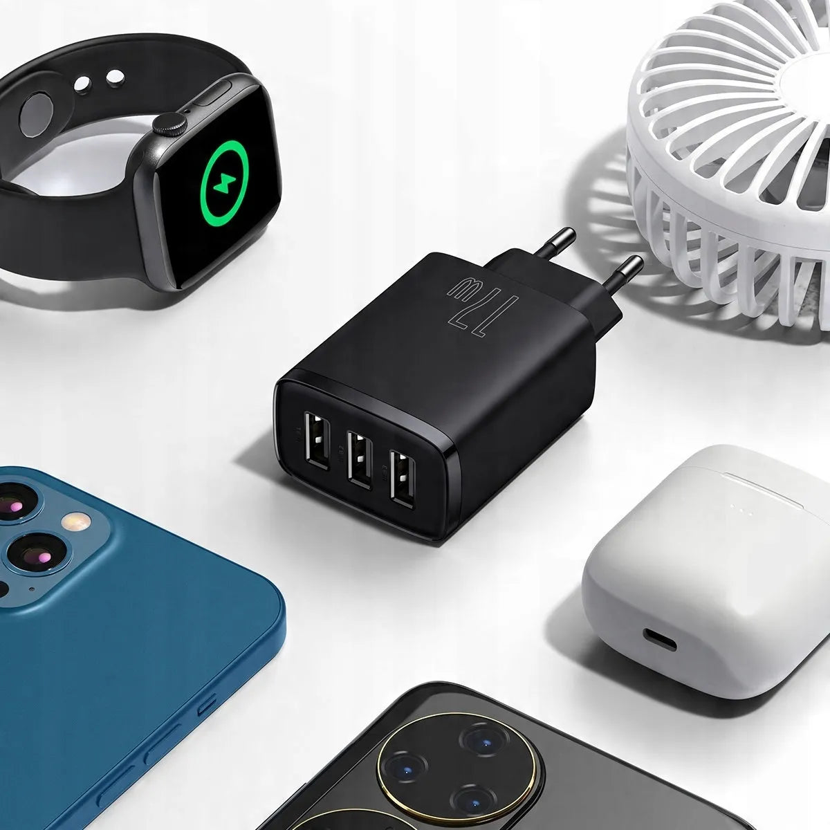 BASEUS greitasis telefono ir planšetės įkroviklis, 3 × USB, 17 W, 3,4 A, maitinimo adapteris, skirtas Qi