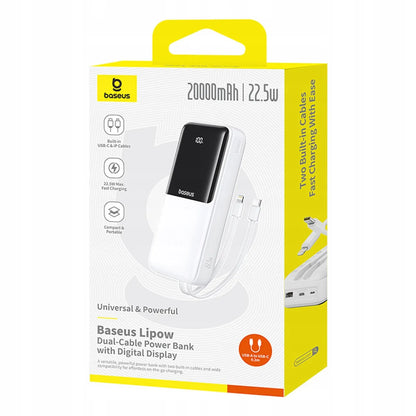 BASEUS Lipow powerbankas 20000 mAh, 22,5 W, USB-C, USB, su integruotais USB-C ir Lightning laidais