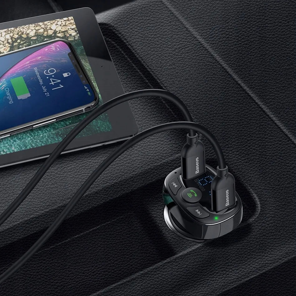 Baseus S-09A FM siųstuvas Bluetooth 2xUSB microSD įkroviklis LCD ekranas