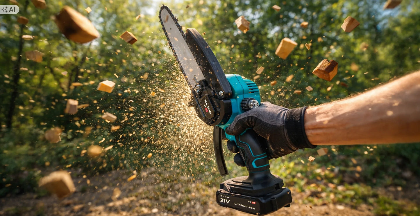 Belaidė akumuliatorinė grandininė šakų pjovimo mašina 1000W 8" 6" 2x 21V akumuliatoriai