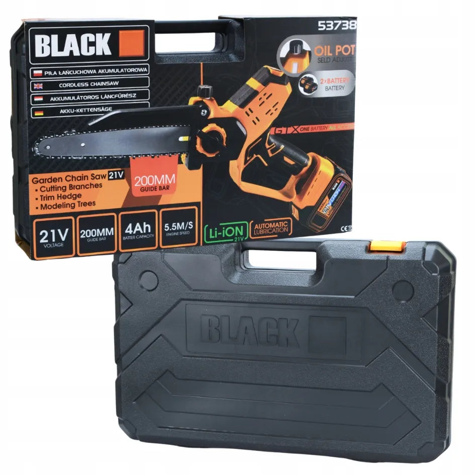Belaidė grandininė pjūklas Black 20 cm, 21 V, 2 x 4 Ah su automatiniu tepimu
