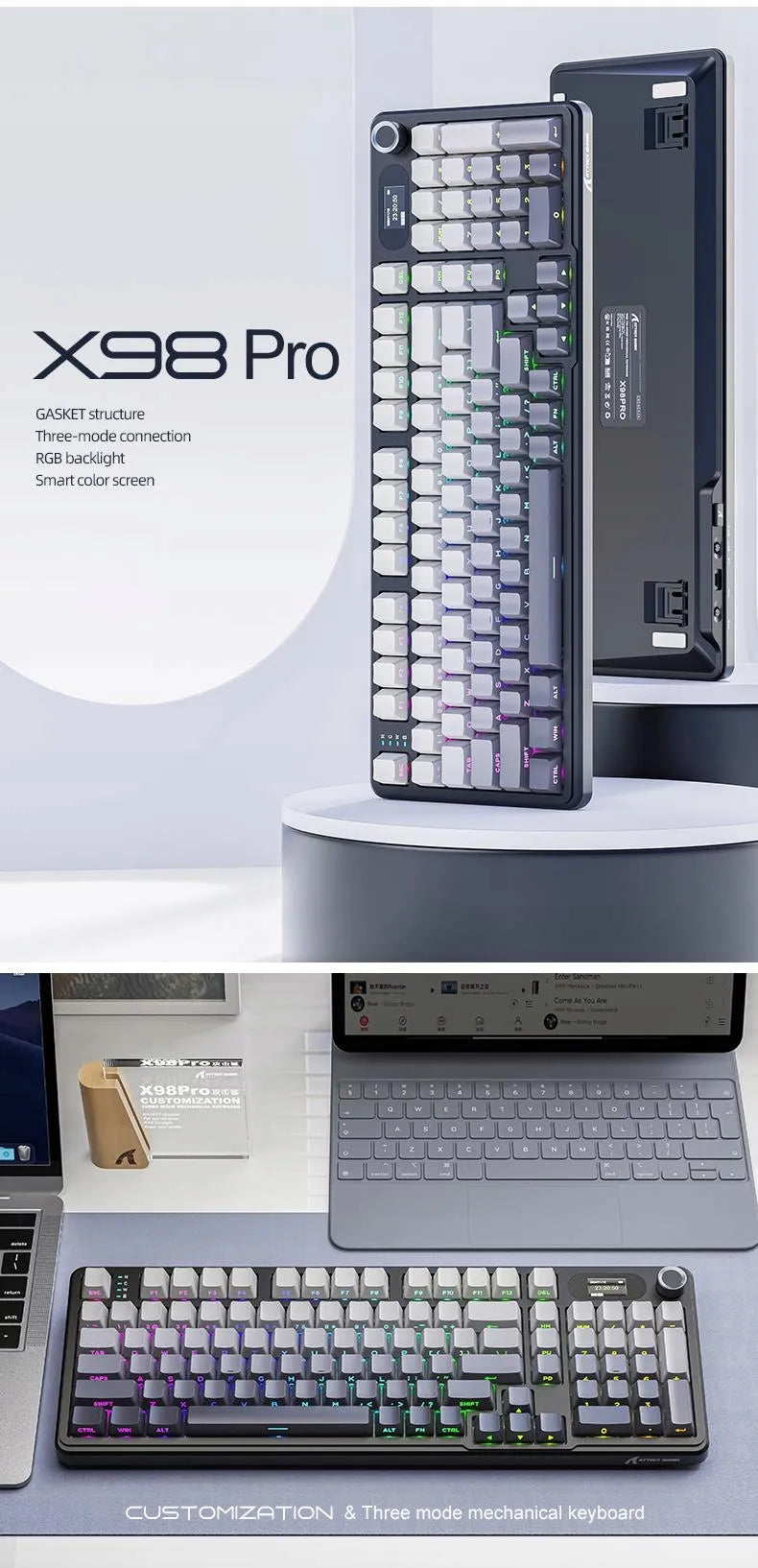 Belaidė mechaninė klaviatūra Attack Shark X98PRO su pilno dydžio išdėstymu