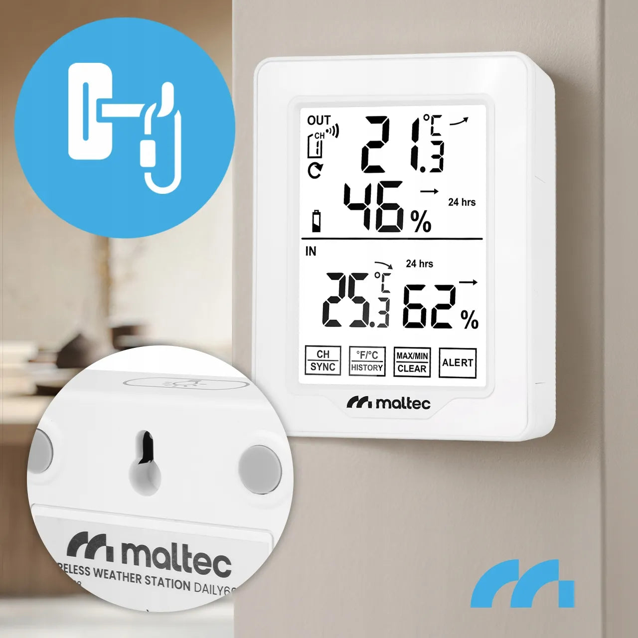 Belaidė meteorologinė stotelė Maltec Daily600M su termometru, higrometru ir išoriniu jutikliu
