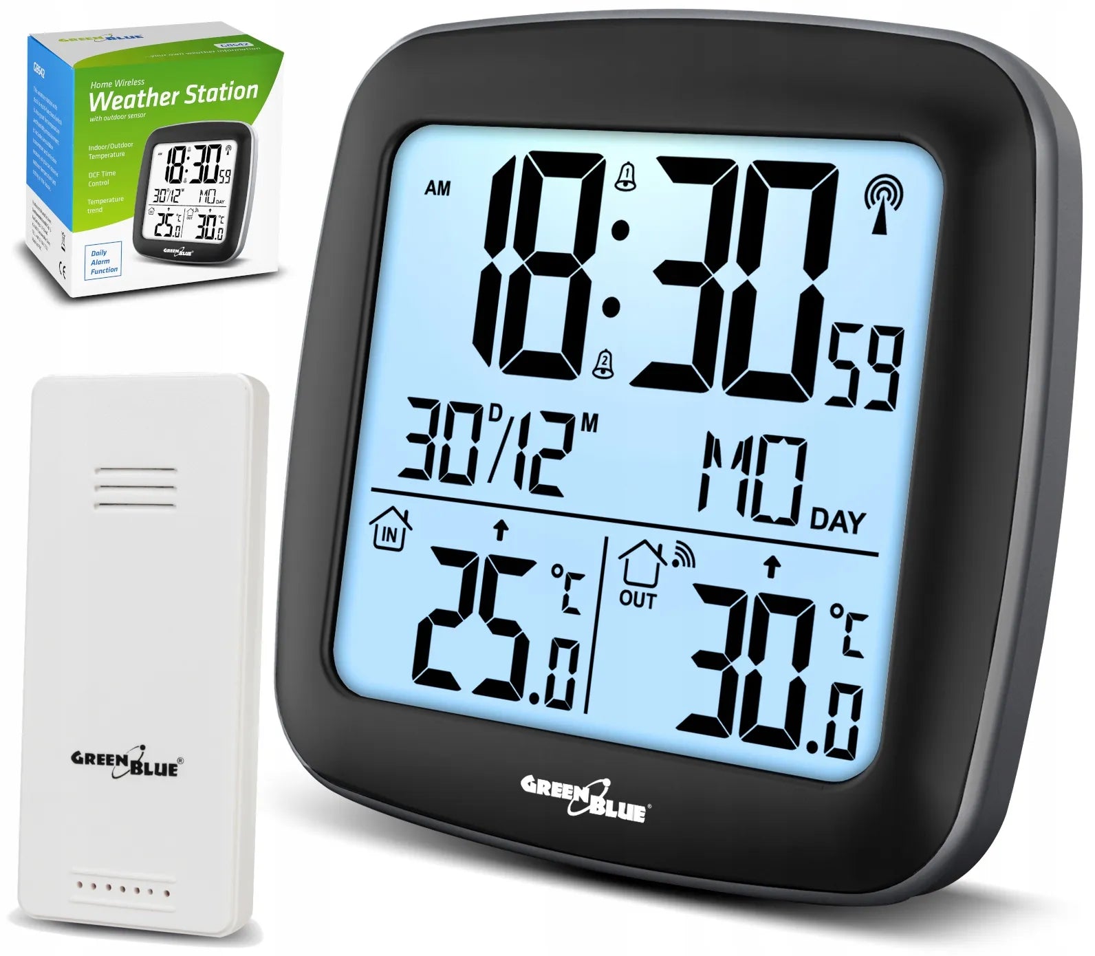 Belaidė meteorologinė stotis GreenBlue GB542 su DCF laikrodžiu, termometru ir žadintuvu