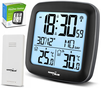 Belaidė meteorologinė stotis GreenBlue GB542 su DCF laikrodžiu, termometru ir žadintuvu