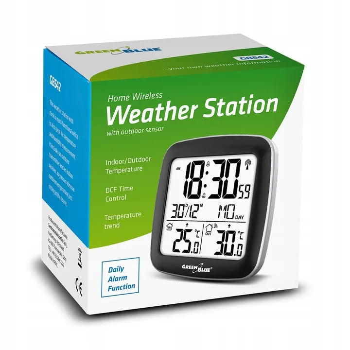 Belaidė meteorologinė stotis GreenBlue GB542 su DCF laikrodžiu, termometru ir žadintuvu