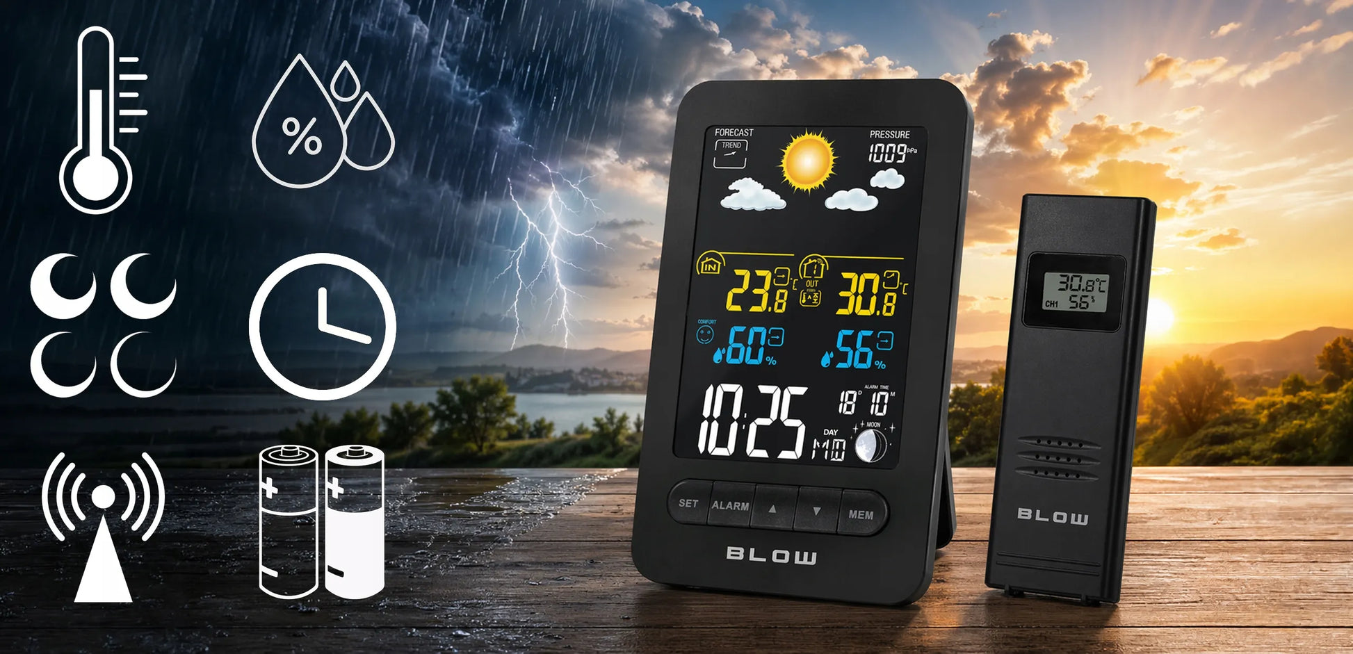 Belaidė orų stotelė BLOW WS107 su termometru, higrometru, barometru ir LED ekranu