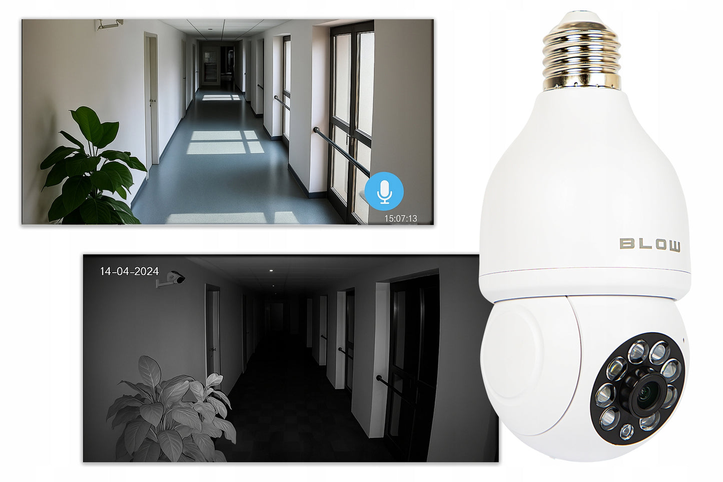Belaidė vidinė pasukama IP kamera BLOW T-833 su E27 lizdu, 3MP, WiFi, Tuya