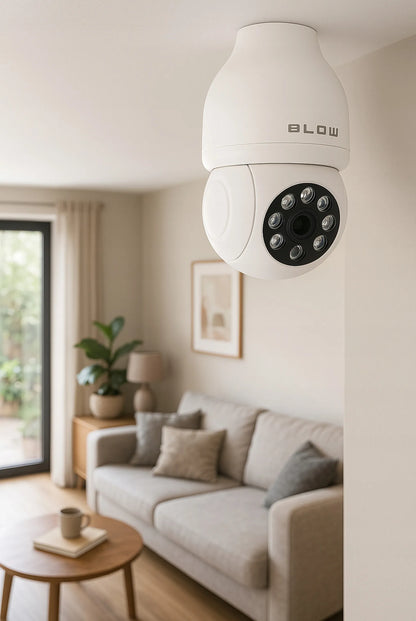 Belaidė vidinė pasukama IP kamera BLOW T-833 su E27 lizdu, 3MP, WiFi, Tuya