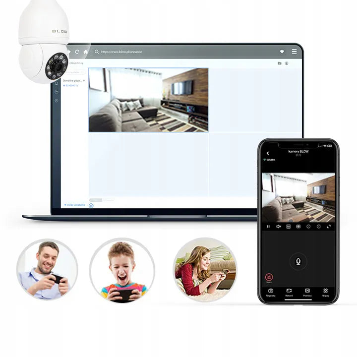 Belaidė vidinė pasukama IP kamera BLOW T-833 su E27 lizdu, 3MP, WiFi, Tuya