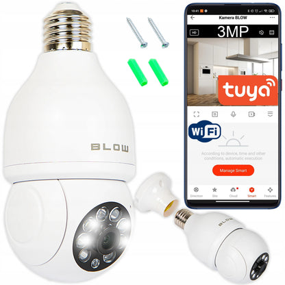 Belaidė vidinė pasukama IP kamera BLOW T-833 su E27 lizdu, 3MP, WiFi, Tuya