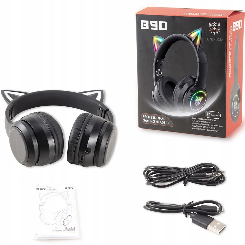 Belaidės ausinės ONIKUMA B90 su mikrofonu, RGB apšvietimu ir katės ausytėmis, USB-C
