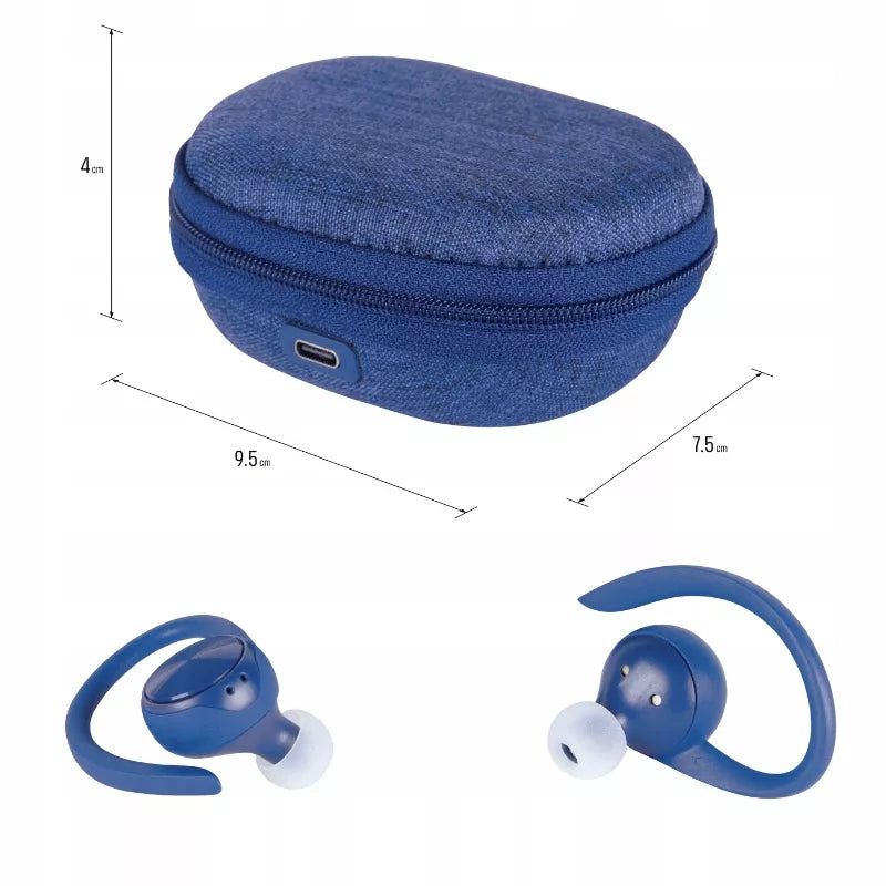 Belaidės sportinės ausinės LEMON TWS su „Bluetooth“ ir įkrovimo dėklu, mėlynos