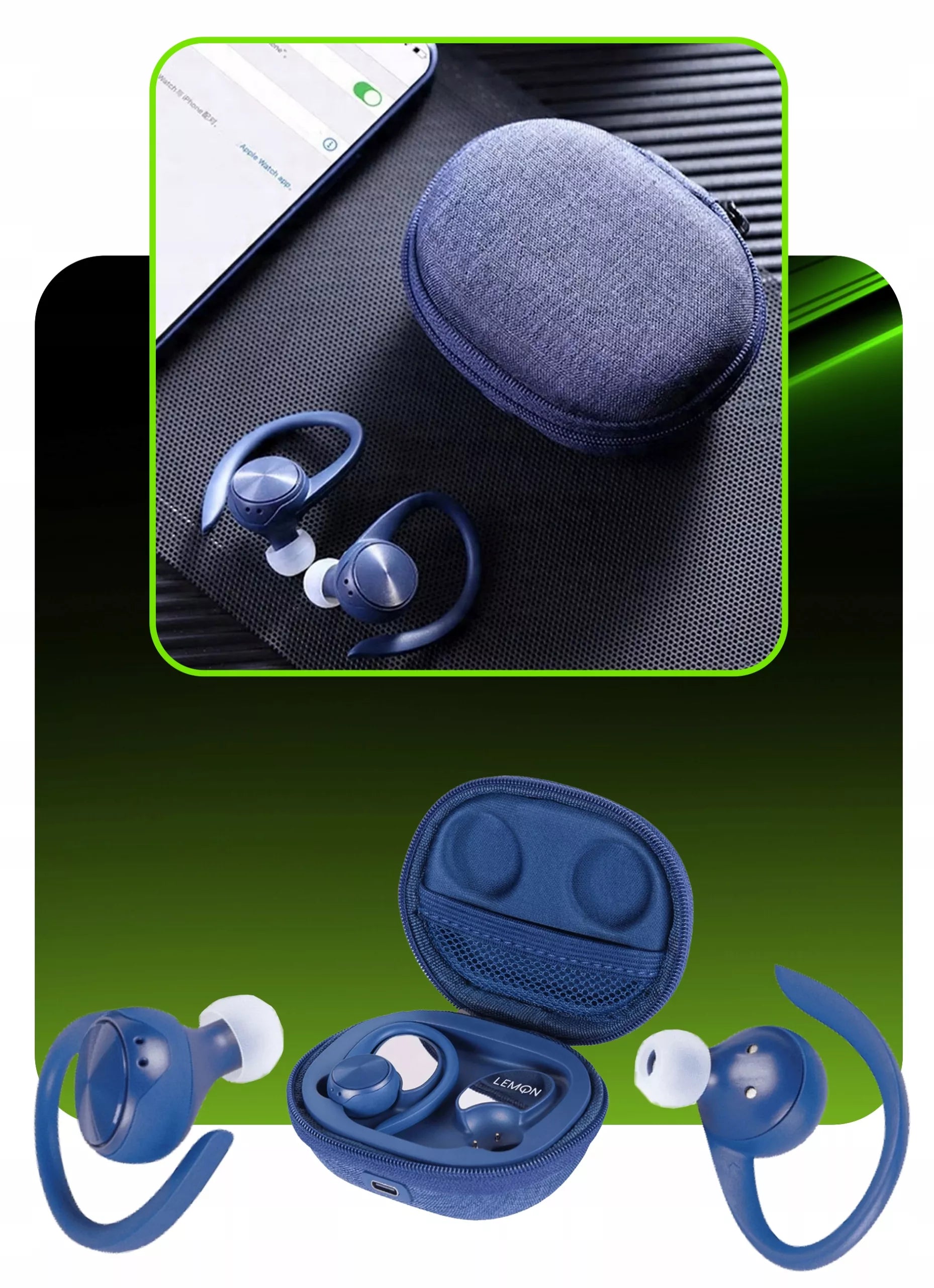 Belaidės sportinės ausinės LEMON TWS su „Bluetooth“ ir įkrovimo dėklu, mėlynos