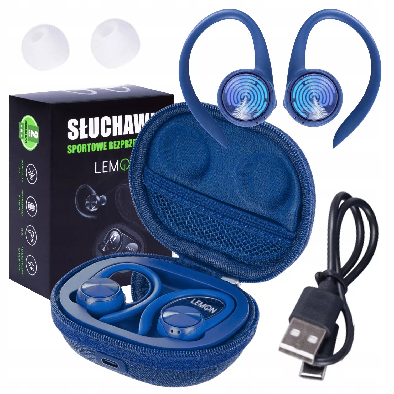 Belaidės sportinės ausinės LEMON TWS su „Bluetooth“ ir įkrovimo dėklu, mėlynos
