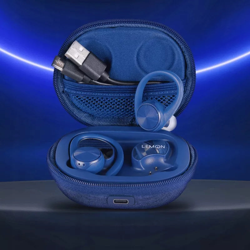 Belaidės sportinės ausinės LEMON TWS su „Bluetooth“ ir įkrovimo dėklu, mėlynos
