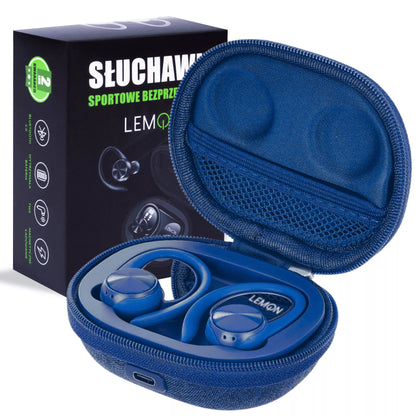 Belaidės sportinės ausinės LEMON TWS su „Bluetooth“ ir įkrovimo dėklu, mėlynos