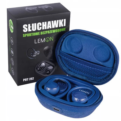 Belaidės sportinės ausinės LEMON TWS su „Bluetooth“ ir įkrovimo dėklu, mėlynos