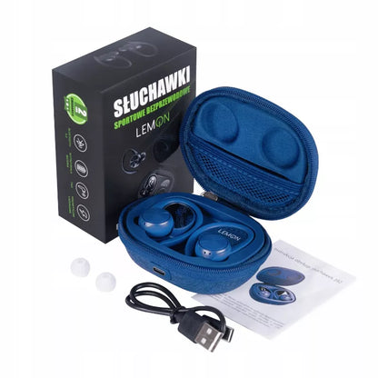 Belaidės sportinės ausinės LEMON TWS su „Bluetooth“ ir įkrovimo dėklu, mėlynos