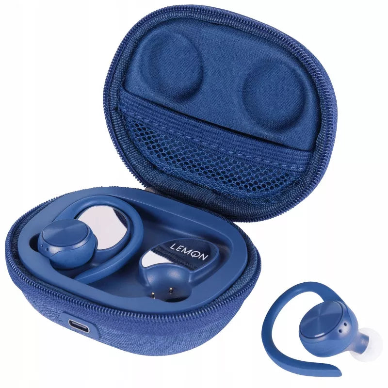 Belaidės sportinės ausinės LEMON TWS su „Bluetooth“ ir įkrovimo dėklu, mėlynos