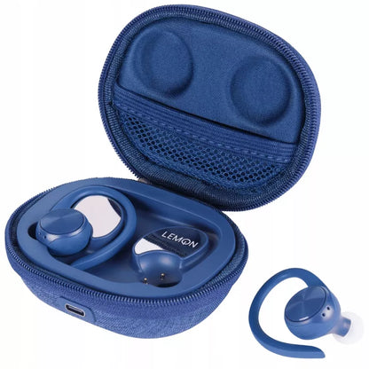 Belaidės sportinės ausinės LEMON TWS su „Bluetooth“ ir įkrovimo dėklu, mėlynos
