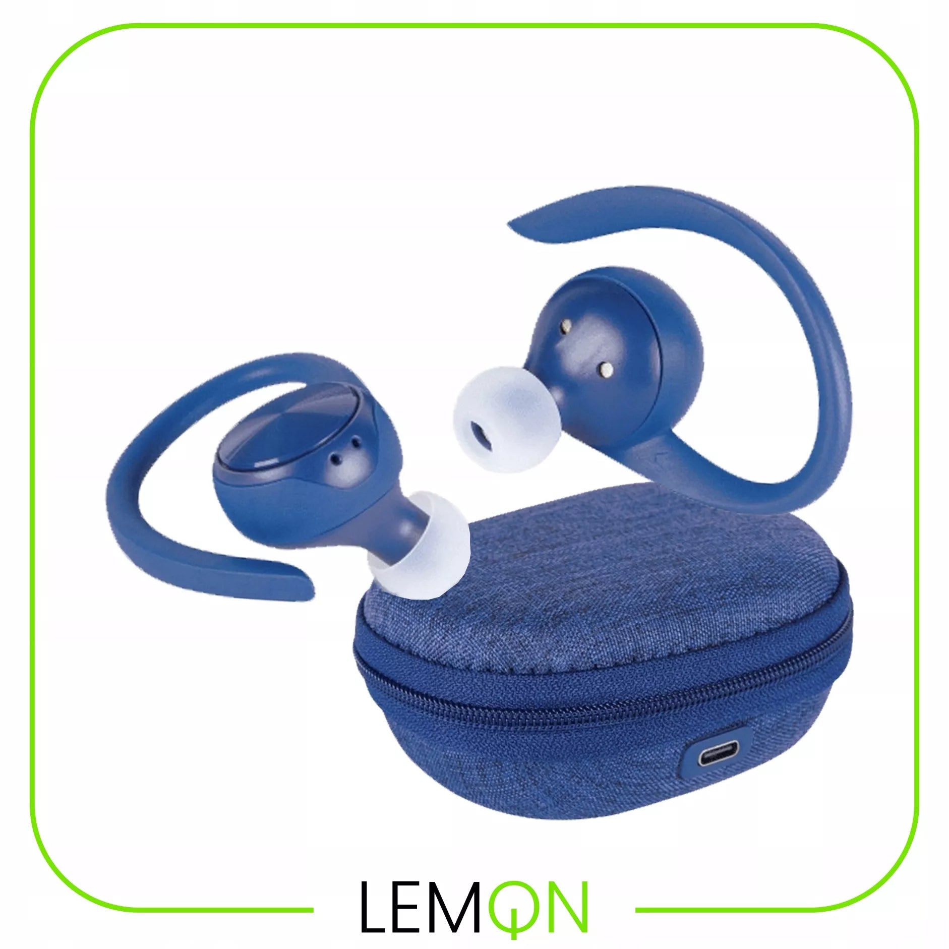 Belaidės sportinės ausinės LEMON TWS su „Bluetooth“ ir įkrovimo dėklu, mėlynos