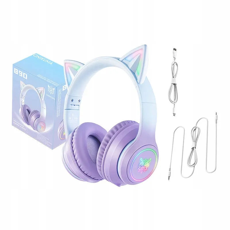 Belaidės žaidimų ausinės Onikuma B90 RGB su kačių ausytėmis, violetinės