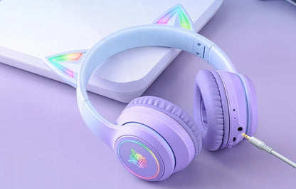 Belaidės žaidimų ausinės Onikuma B90 RGB su kačių ausytėmis, violetinės