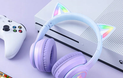 Belaidės žaidimų ausinės Onikuma B90 RGB su kačių ausytėmis, violetinės